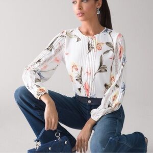 White House Black Market Pintuck Lace Trim Top Blouse Long Sleeve Floral Iris M